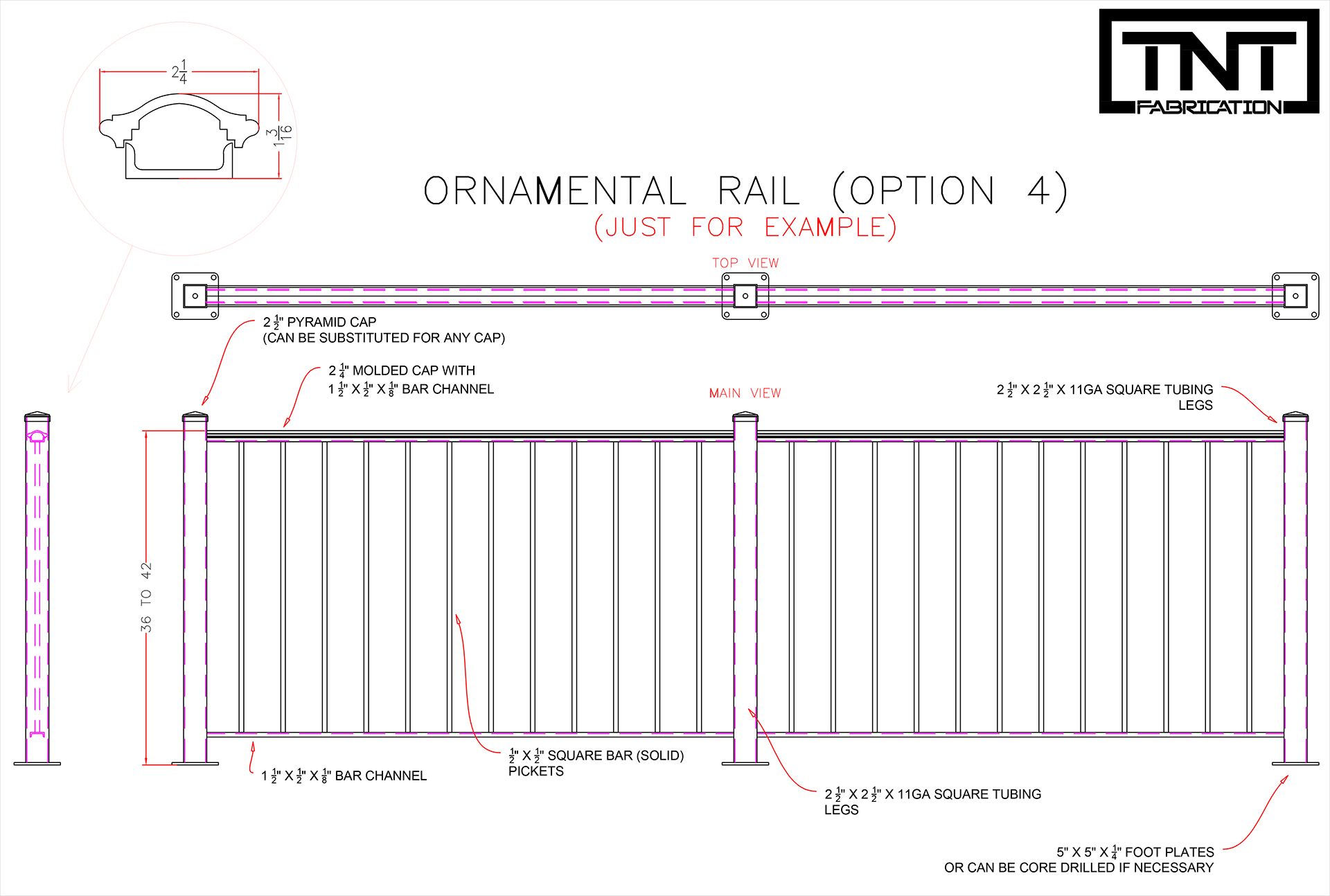 Technical drawing of a white metal gate with dimension lines and TNT logo, labeled ornamental rail option 4