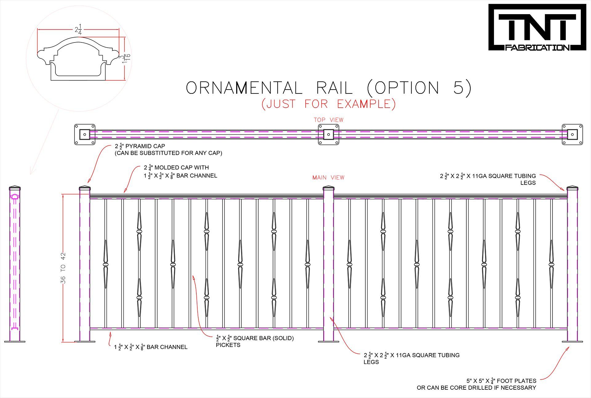 Technical drawing of a white gate/fence with dimensions and a TNT logo at top right