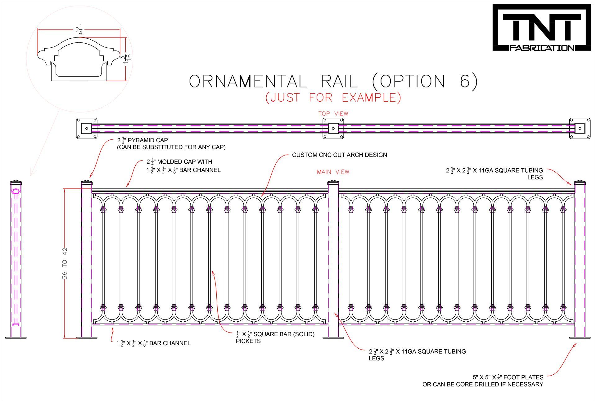 Technical drawing of an ornamental metal rail gate with dimensions and TNT logo.