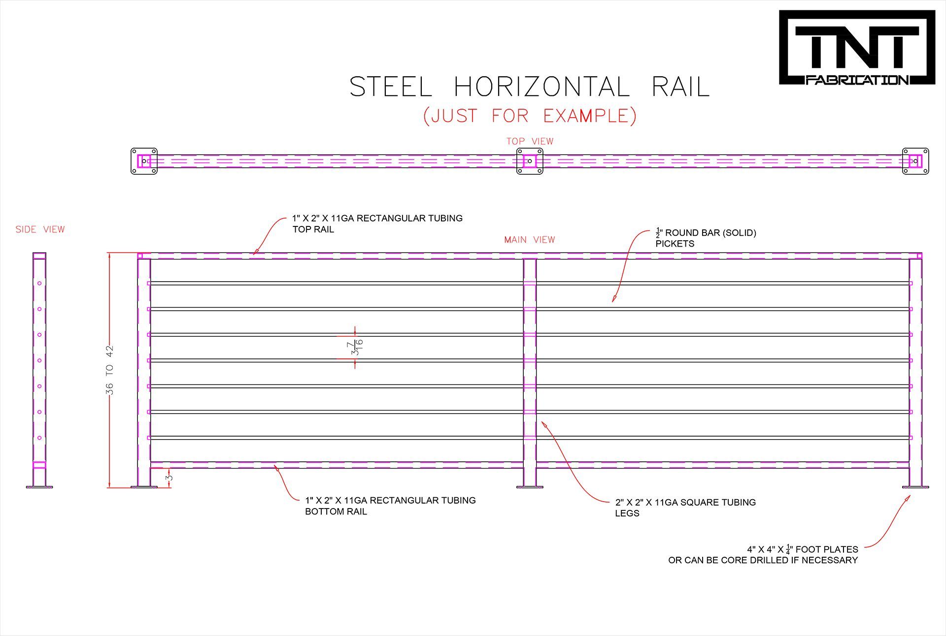 Technical drawing of a steel horizontal rail gate, shown in front and side views with dimensions and TNT logo.