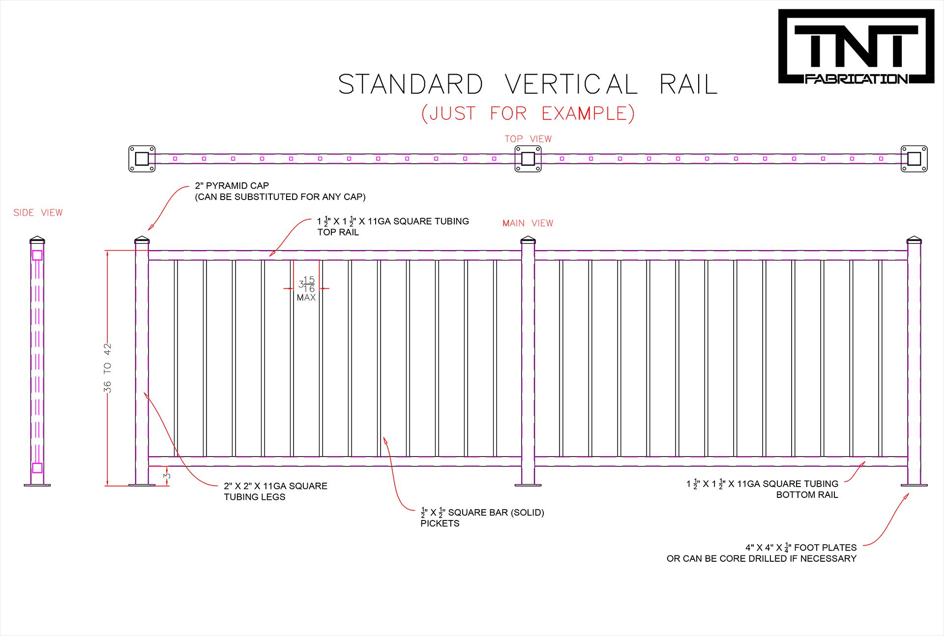 Technical drawing of a standard vertical rail fence with dimensions and TNT logo.
