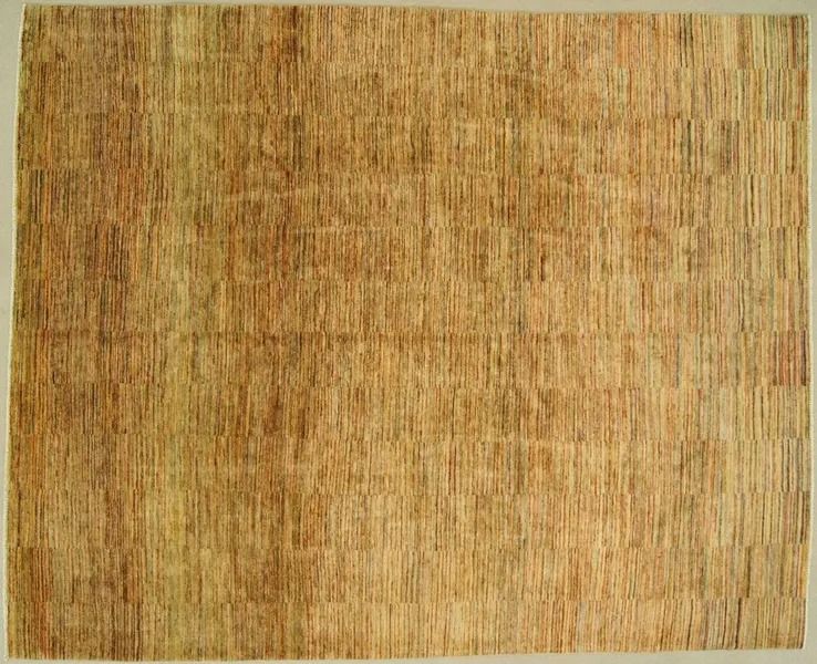 Tan, rectangular rug with vertical lines, subtle patterns.