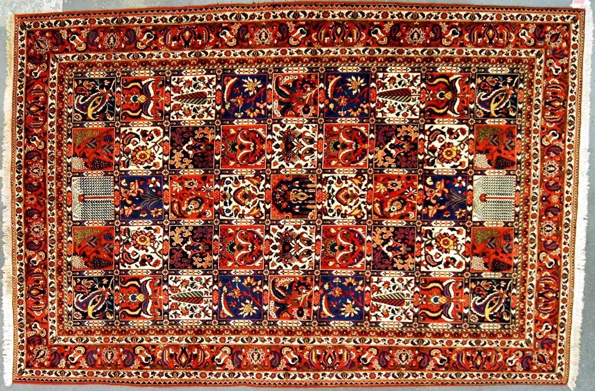 Rug with a checkered pattern in red, blue, and white; detailed floral and geometric motifs.