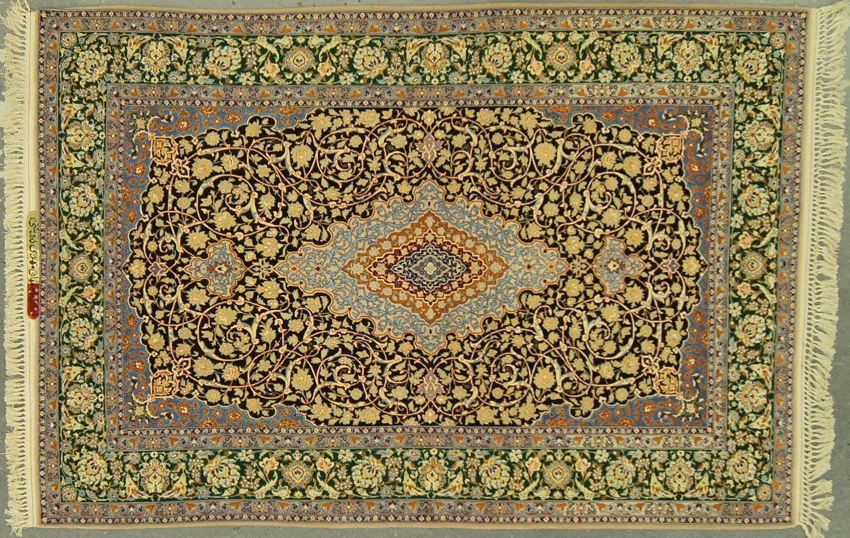 Intricate Persian rug with floral and central medallion designs, green and brown hues.