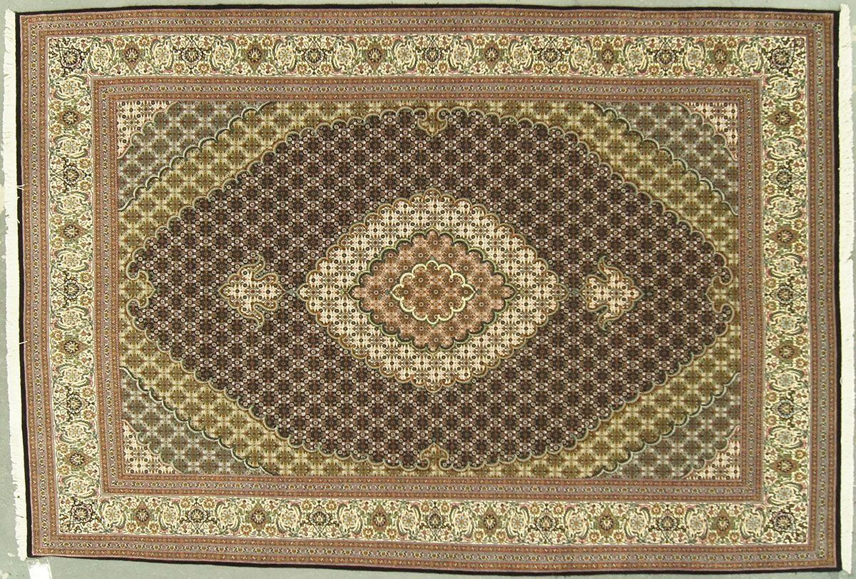 Rectangular Persian rug with a brown and cream diamond pattern border and center.