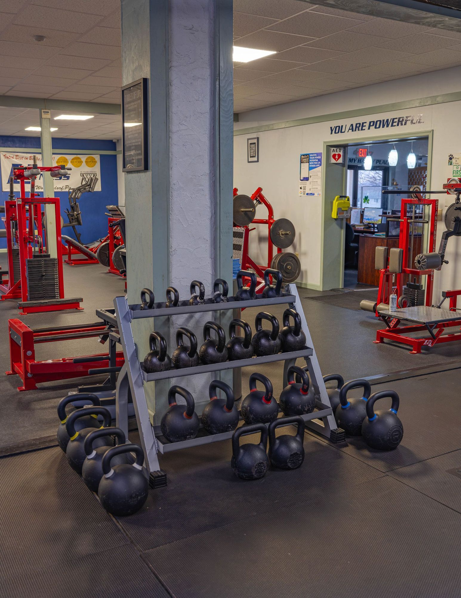 A rack filled with various black kettlebells in a gym with red weight equipment in the background.