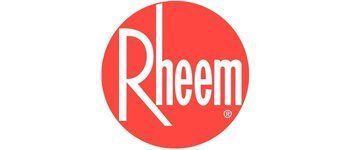 Rheem logo in white text on a red circular background
