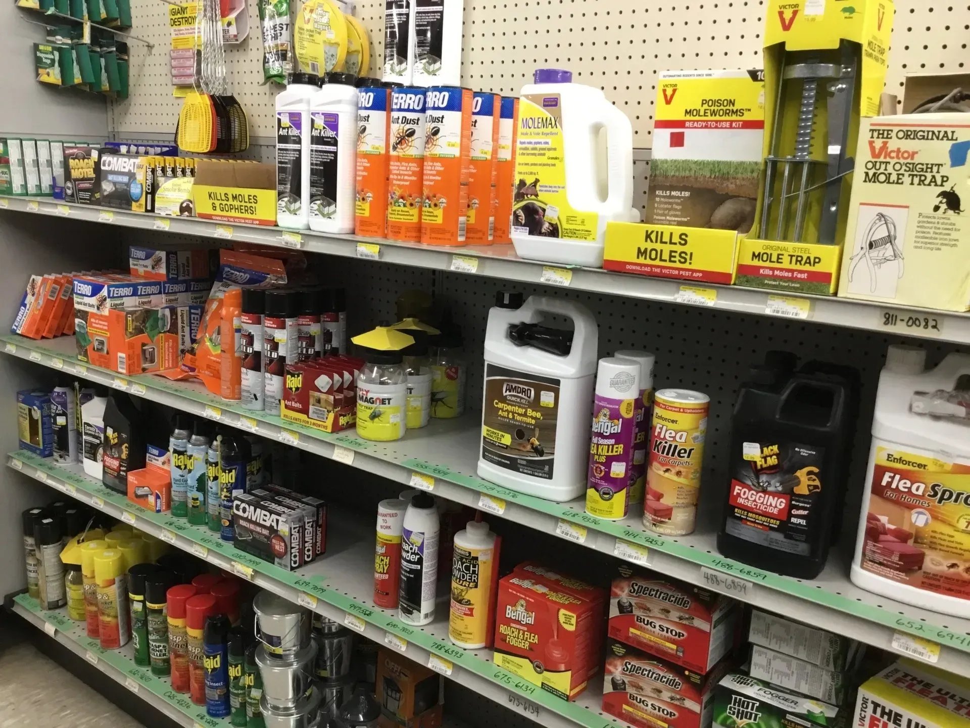 Store shelves stocked with various cleaning products in colorful bottles and boxes