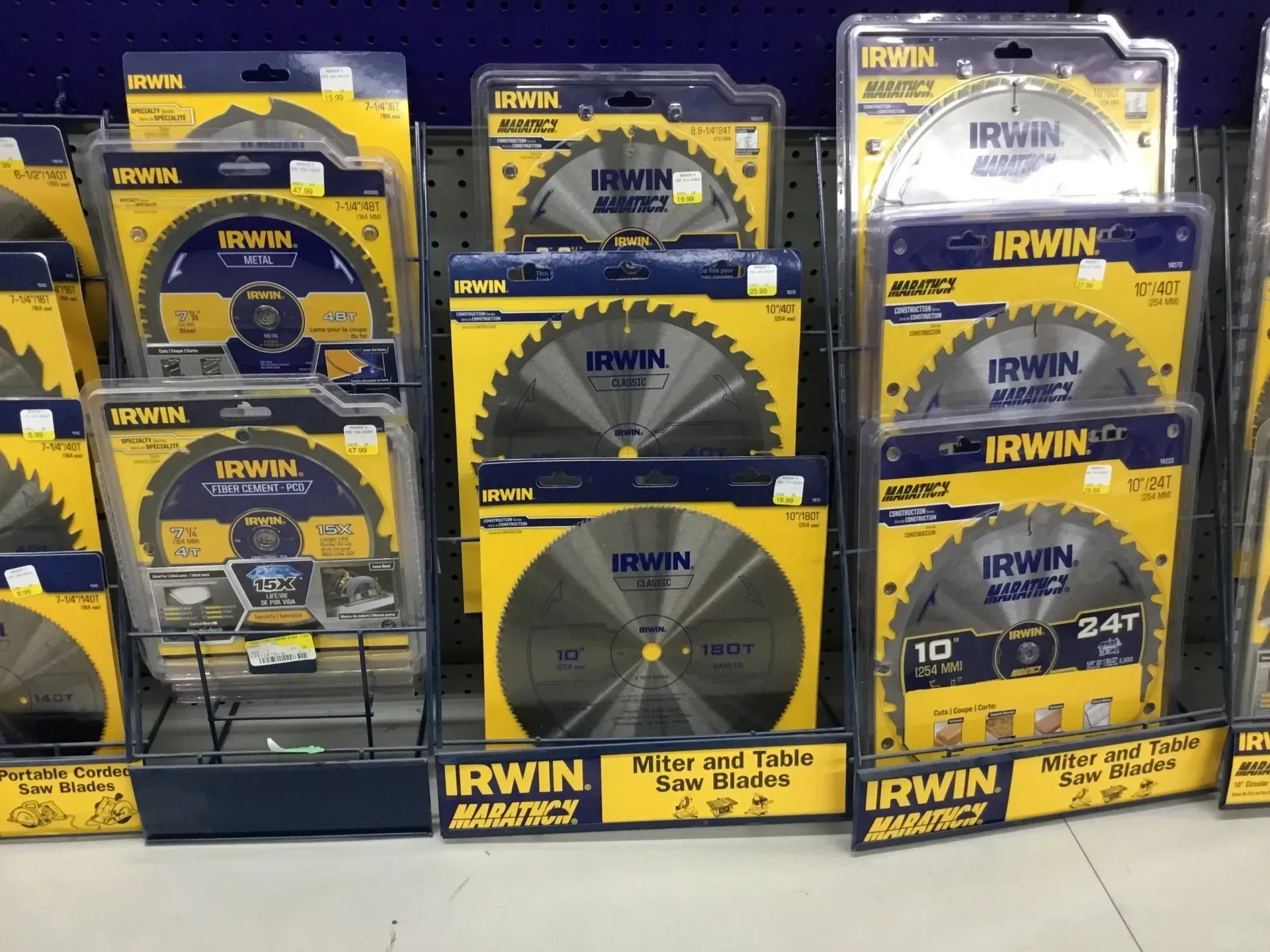 IRWIN saw blades displayed on store shelves in yellow and black packaging