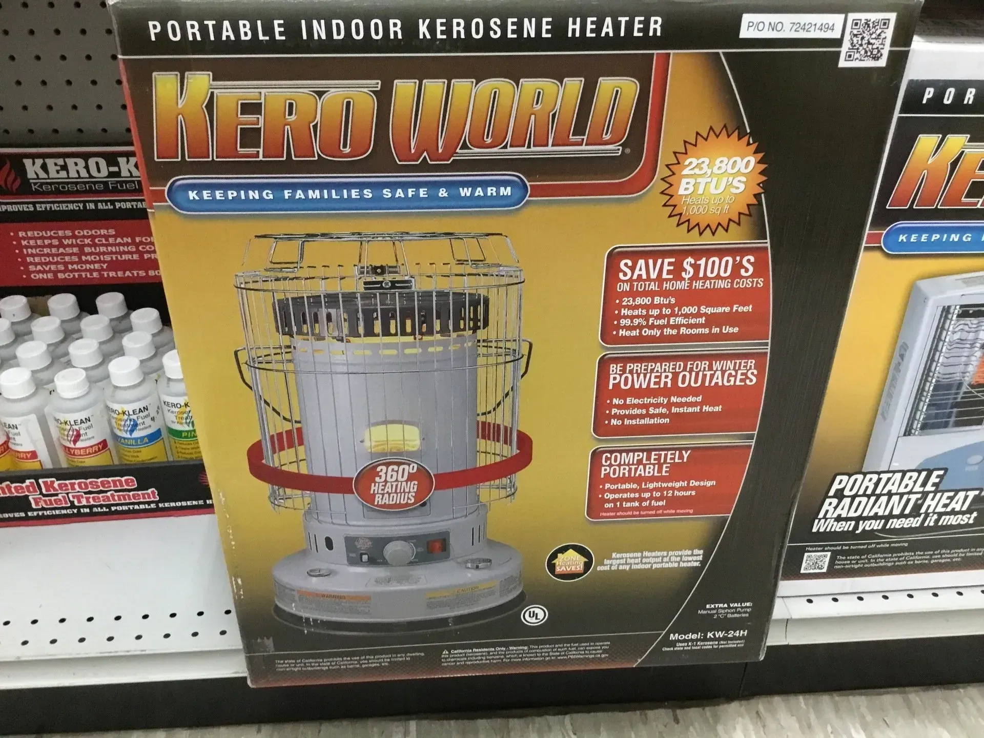 Kero World portable indoor kerosene heater box on a store shelf, with orange and black packaging