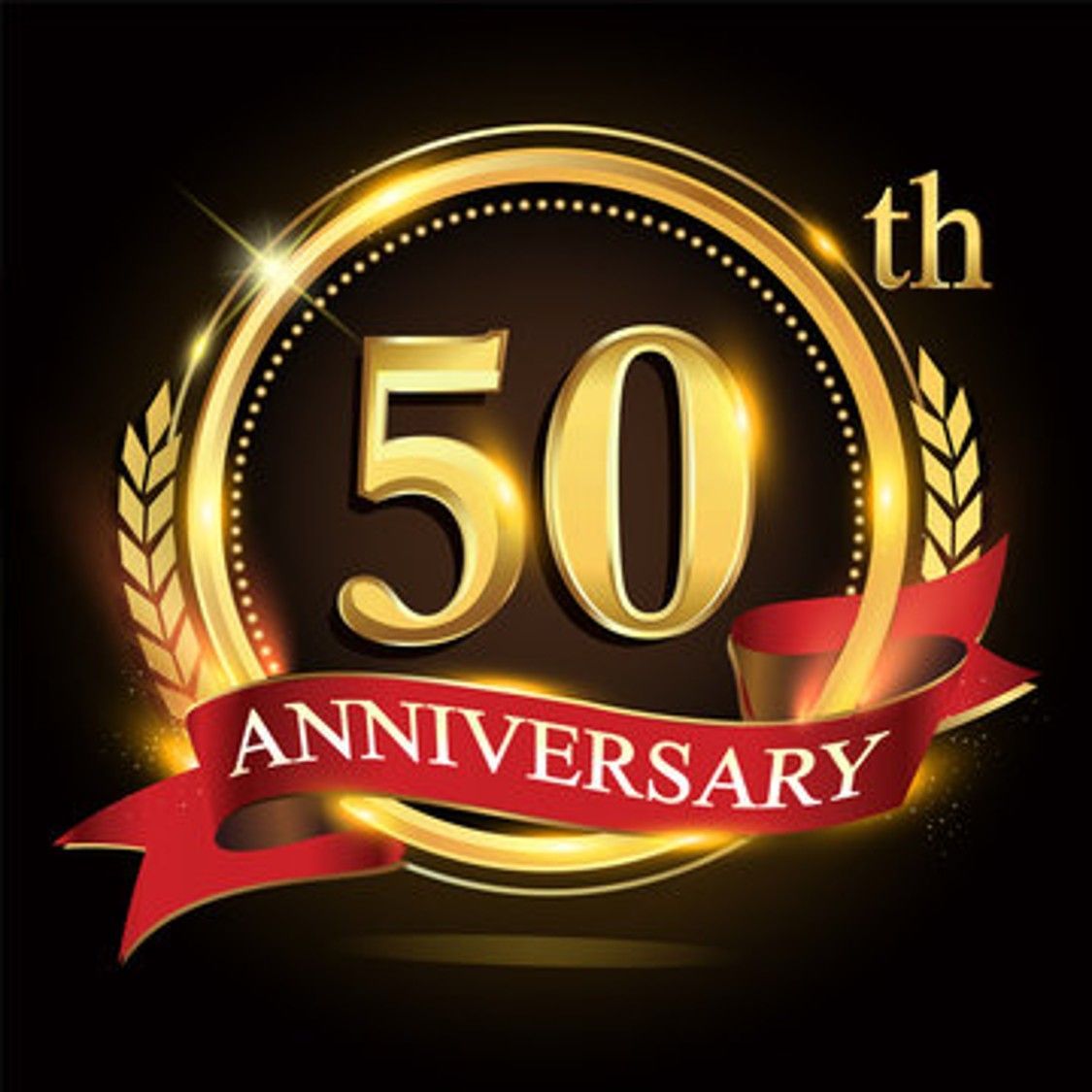 Golden 50th Anniversary logo with red ribbon, golden wreath, and black background.