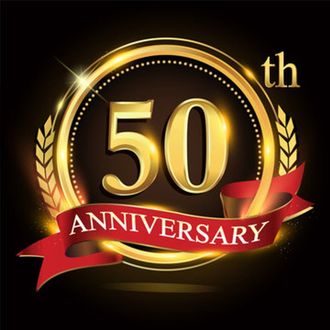 Golden 50th Anniversary logo with red ribbon, golden wreath, and black background.