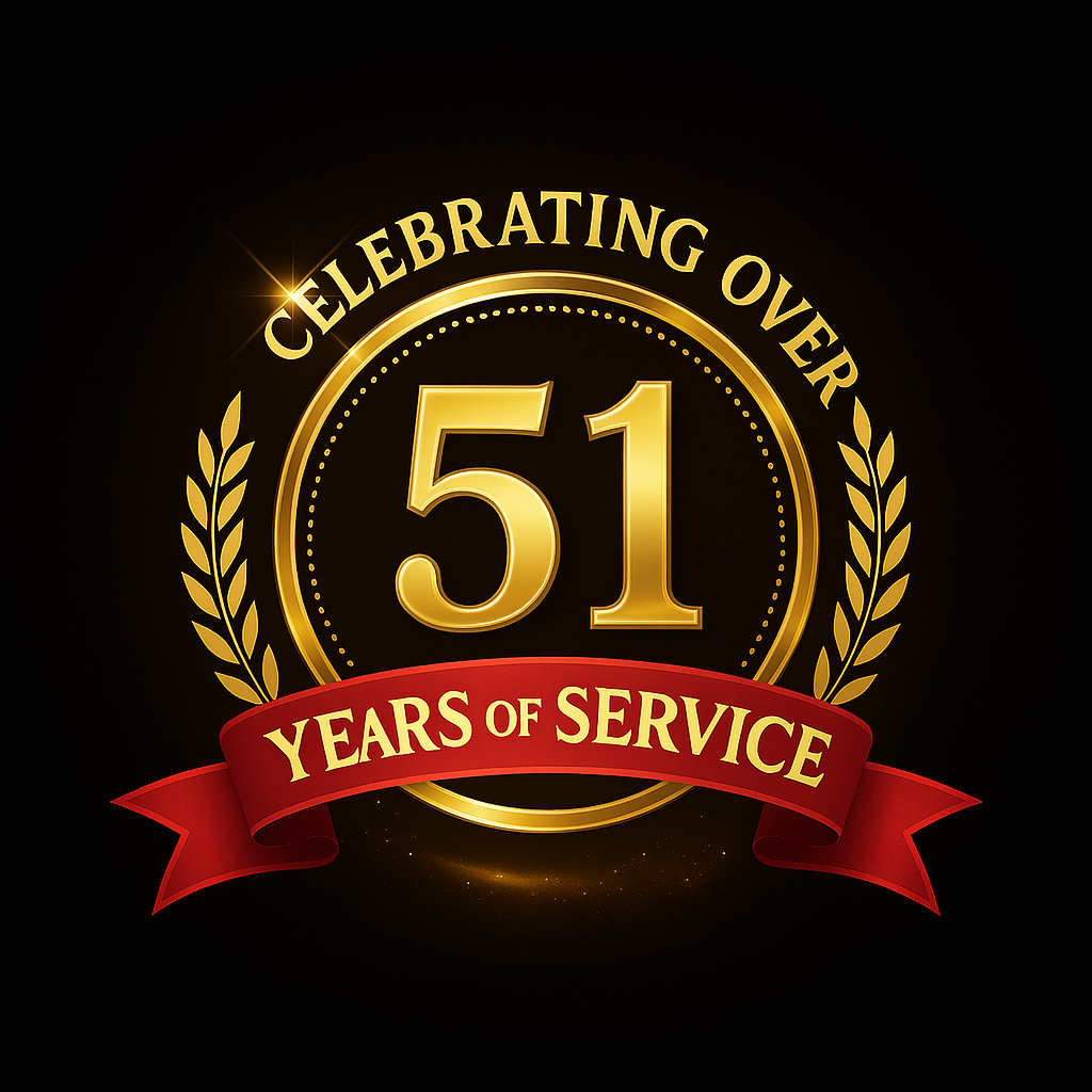 Golden 51th Anniversary logo with red ribbon, golden wreath, and black background.