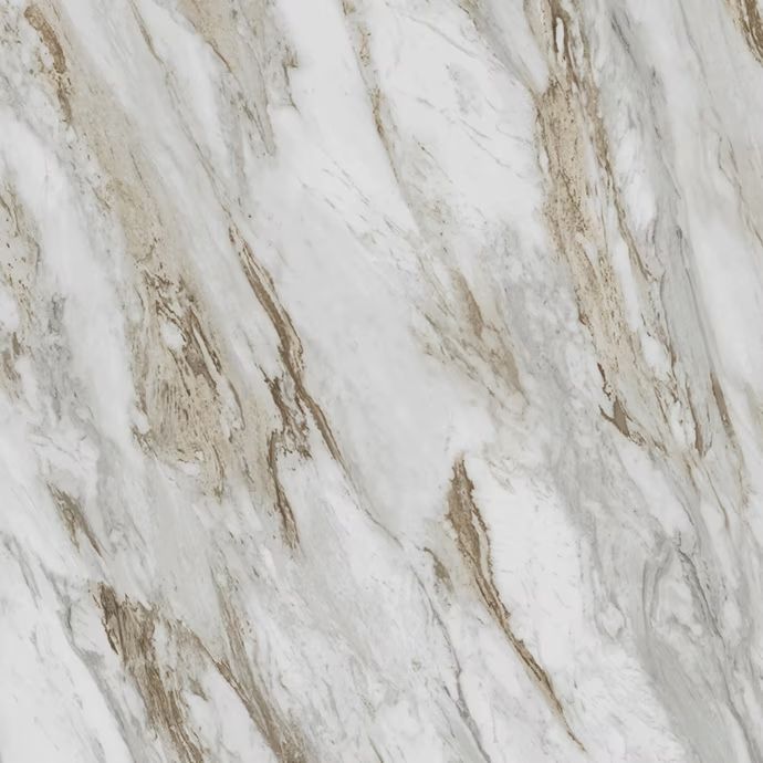 White marble-like surface with swirling gray and brown veining.