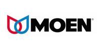Moen logo: Red and blue water droplet icon next to the word 