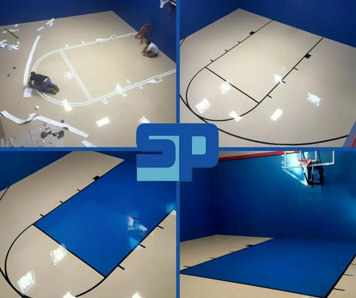 Four views of a blue and beige indoor basketball court with lines, people, and a hoop.