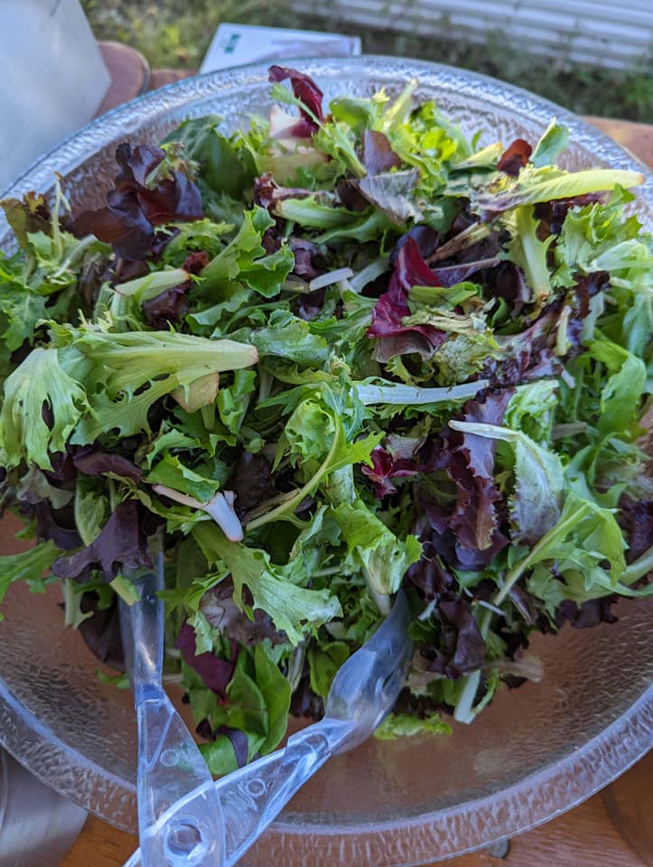 A salad in a plastic bowl with a spoon and fork.