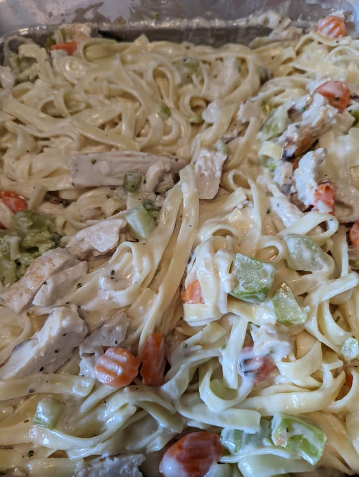 A close up of a casserole dish filled with noodles , chicken , carrots and celery.