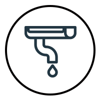 White circle with a dark blue gutter and downspout icon, showing a hanging water droplet