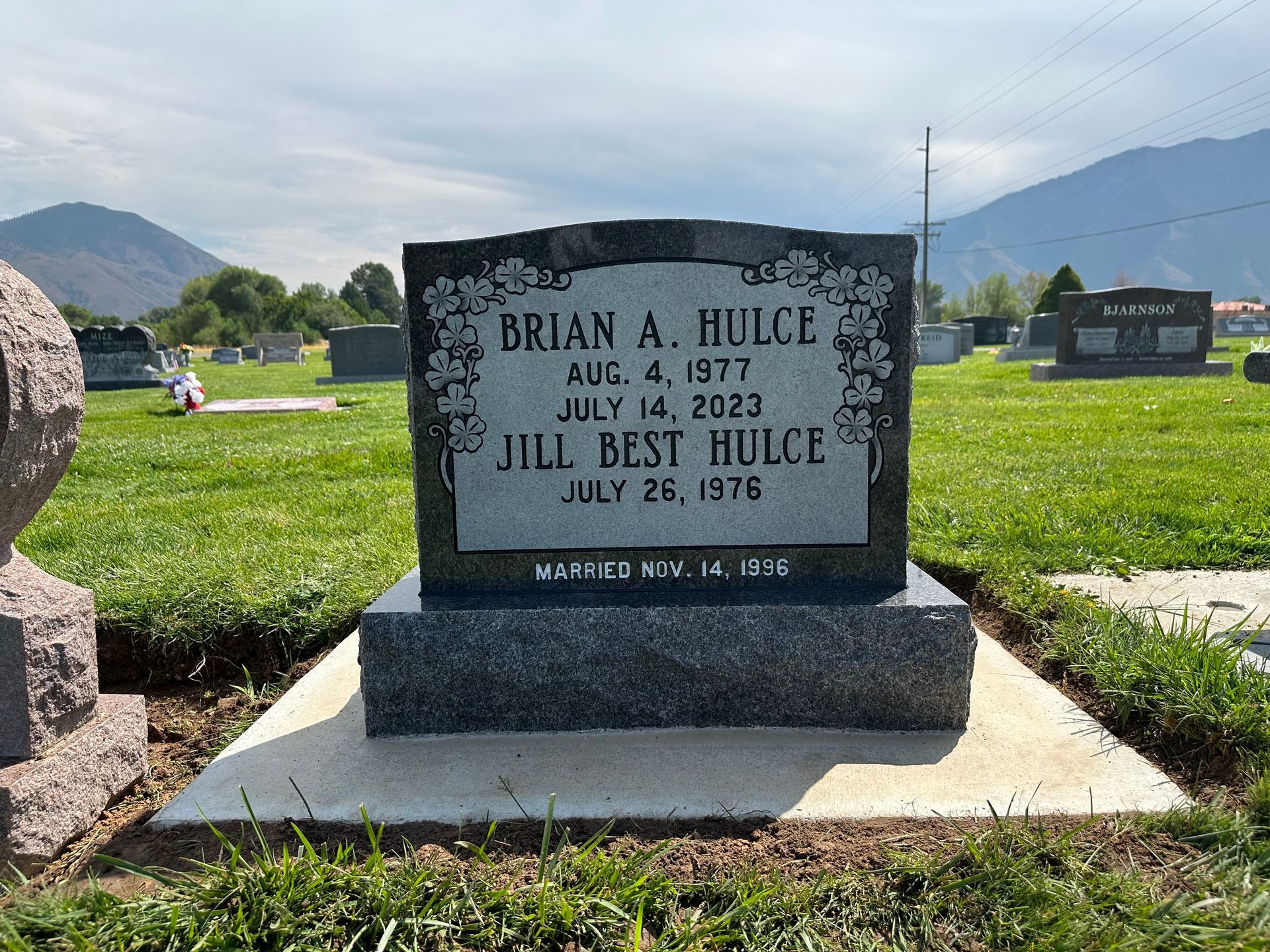 Headstone in a cemetery for Brian A. Hulce, Jill Best Hulce, with dates of birth and death.