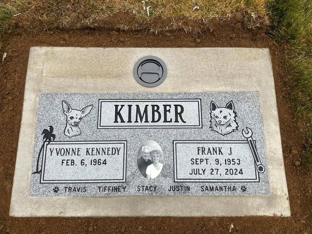 Headstone with KIMBER, names, birth/death dates, and pet illustrations, including a cat and a dog.