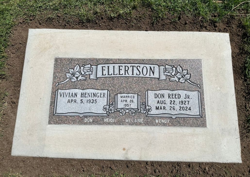 Headstone: ELLERTSON family grave marker; light stone with dark rectangle featuring names and dates.