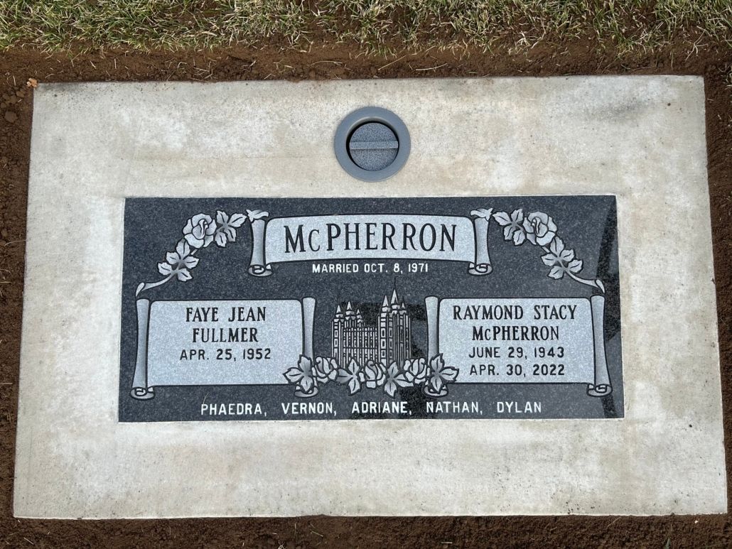Headstone for McPHERRON, featuring names, dates, and a decorative design.