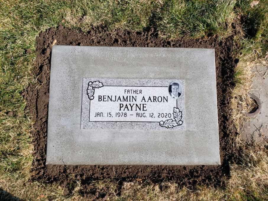 Grave of Benjamin Aaron Payne with dates: Apr. 15, 1978 - Aug. 12, 2020, set in a rectangular concrete slab.