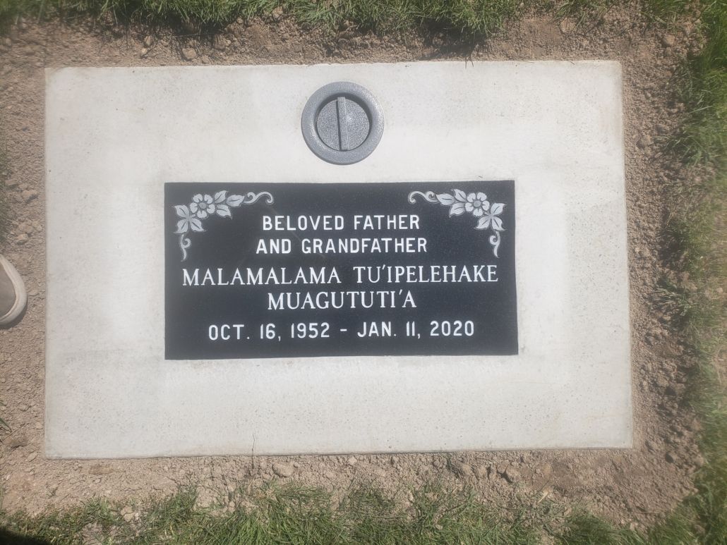 Gravestone of Malamalama Tuipelehake Muagututia, October 16, 1952 - January 11, 2020. 