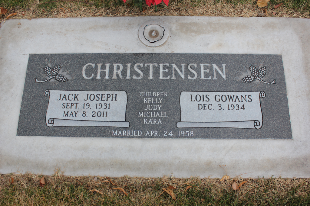 Gravestone for the Christensen family: Jack Joseph (1957-2011) and Lois Gowans (1954).