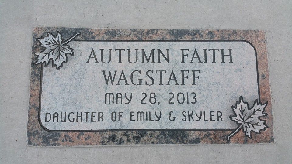 Gravestone of Autumn Faith Wagstaff, born May 28, 2013. Daughter of Emily & Skyler. Maple leaf accents.