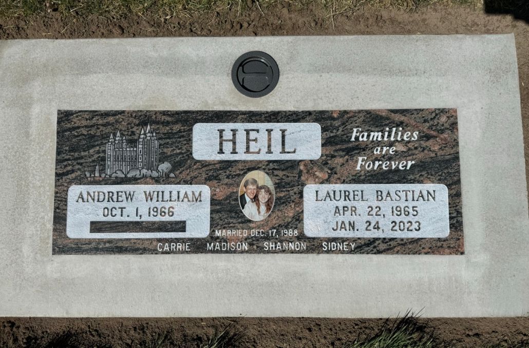 Headstone for Andrew William Heil and Laurel Bastian Heil. Family name Heil, with dates and a photo.
