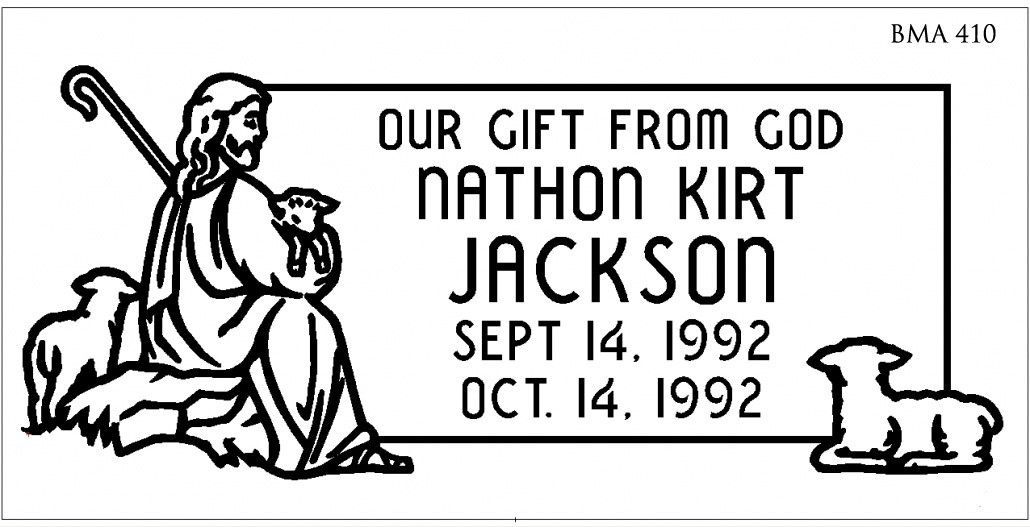 Headstone with text and a drawing of Jesus with a lamb. 