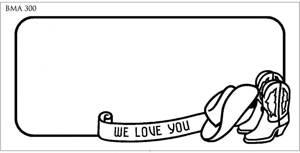 Blank label with a ribbon that reads WE LOVE YOU and two cowboy boots.