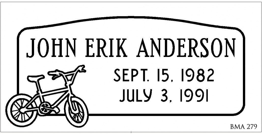 Gravestone of John Erik Anderson, including name, birth/death dates, and a bicycle illustration.