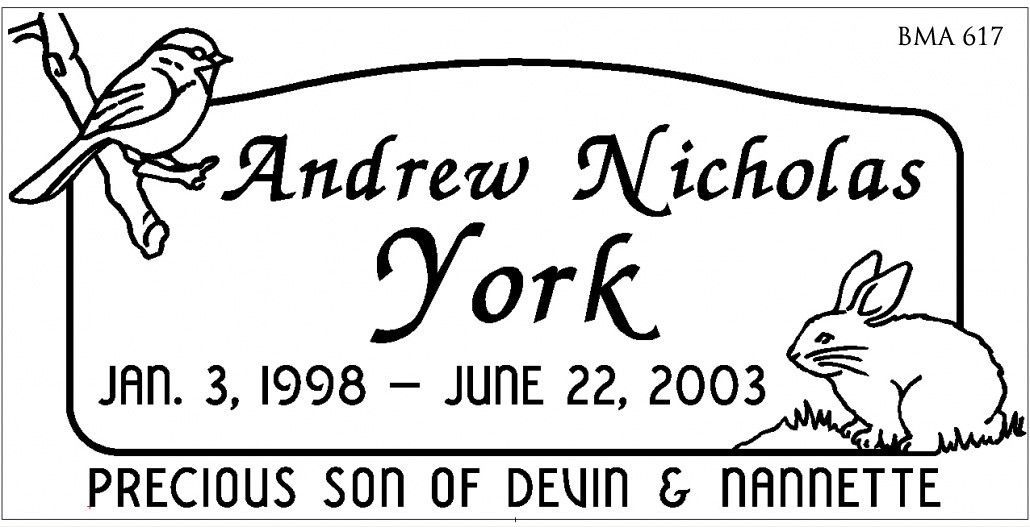 Gravestone with the name Andrew Nicholas York, birth/death dates, a bird, and a rabbit.