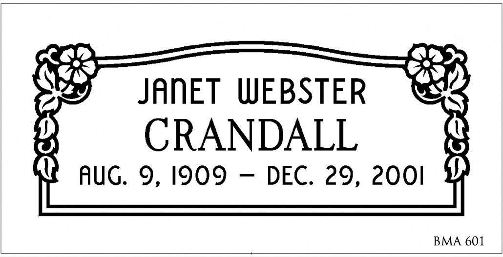 Headstone: Janet Webster Crandall, born Aug. 9, 1909, died Dec. 29, 2001. White with floral design.