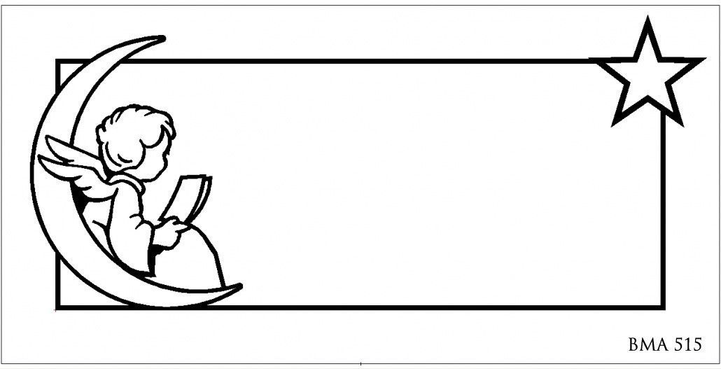 Angel seated on crescent moon, reading. Rectangle frame with star.