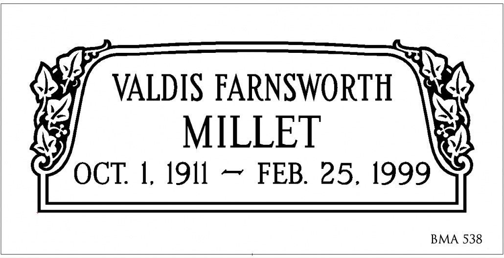 Tombstone of Valdis Farnsworth Millet; born Oct. 1, 1911, died Feb. 25, 1999.