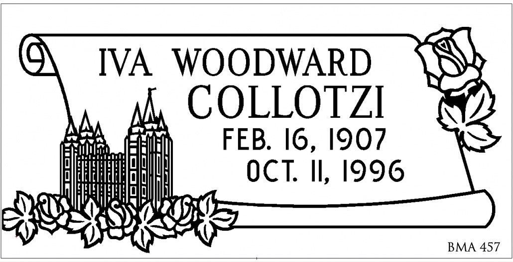 Tombstone of Iva Woodward Collotzi: text on a scroll with a church and rose, birth 1907, death 1996.