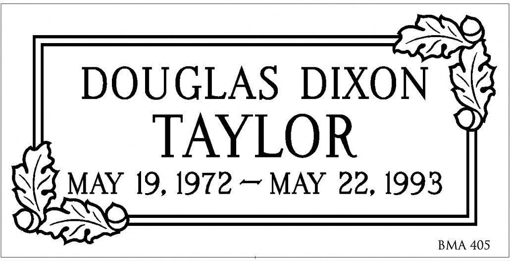 Tombstone of Douglas Dixon Taylor: dates May 19, 1972 – May 22, 1993, with leaf decorations.
