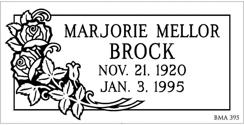 Headstone for Marjorie Mellor Brock with birth and death dates and floral design.
