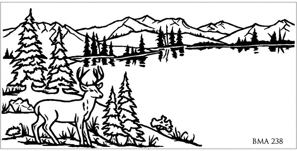 Deer standing near evergreen trees, looking toward a lake and mountain range.