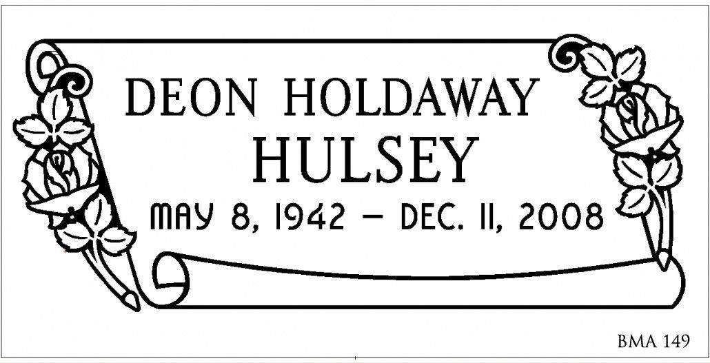 Tombstone with name DEON HOLDAWAY HULSEY, birthdate May 8, 1942, death date Dec. 11, 2008. Decorated with roses.