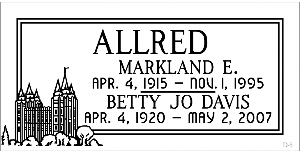 Gravestone for Markland E. Allred (1915-1995) and Betty Jo Davis (1920-2007) with a church illustration.