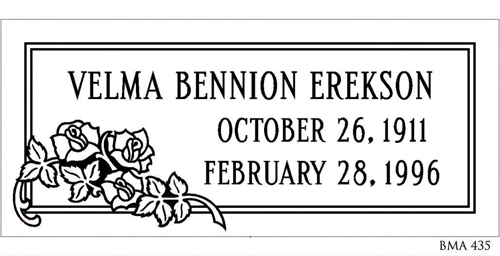 Tombstone: Velma Bennion Erekson, birth date October 26, 1911, death date February 28, 1996. Includes rose graphic.