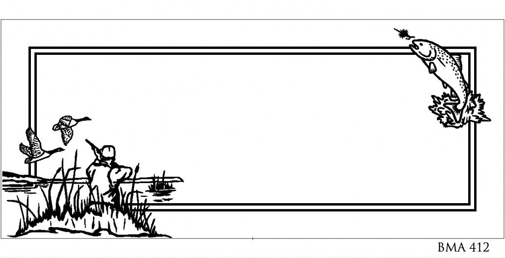 Hunter aiming at ducks, with a leaping fish in the corner, inside a rectangular border.