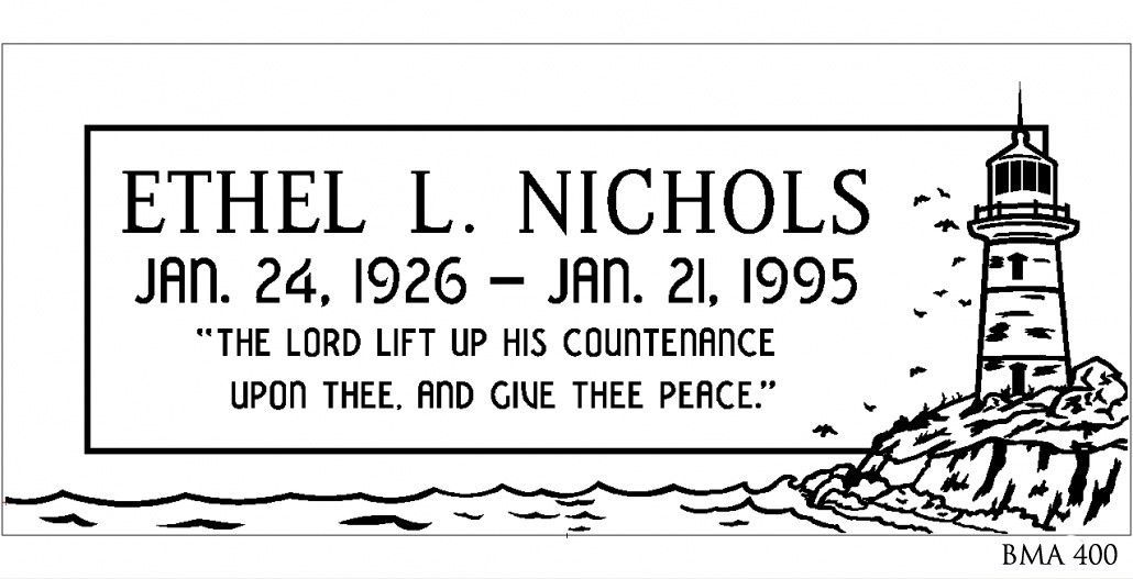 Tombstone of Ethel L. Nichols with birth/death dates and a quote. Features a lighthouse illustration.