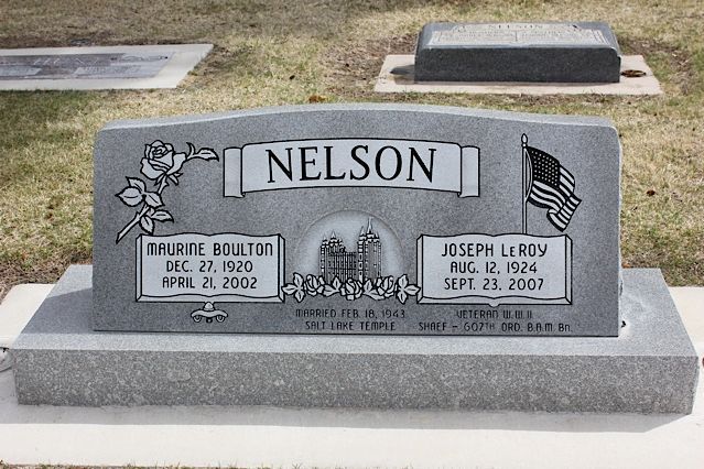 Gravestone for Nelson family: Murite Boulton (1920-2002) and Joseph Leroy (1924-2007) with rose and flag.