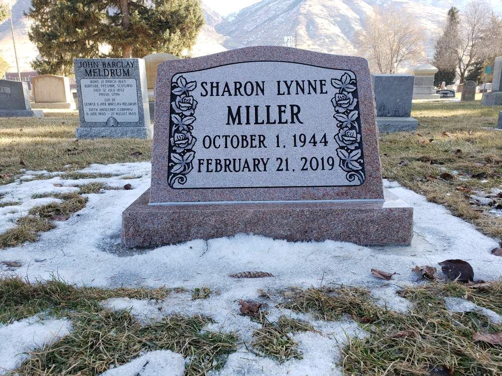 Headstone for Sharon Lynne Miller in a snow-covered cemetery; dates indicate birth in 1944, death in 2019.